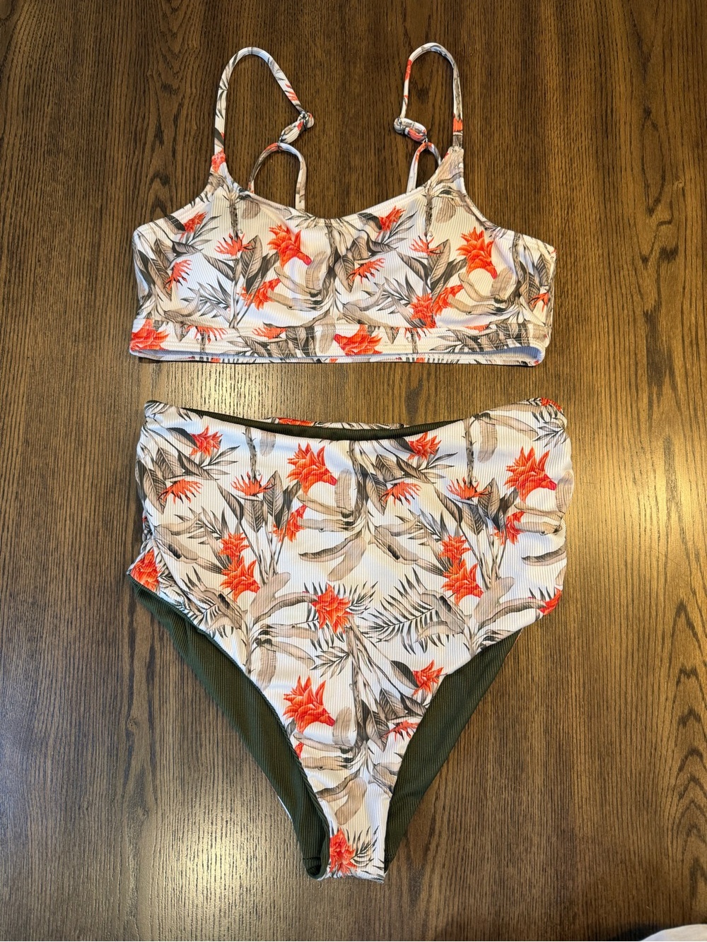 Cupshe Floral High-Waist Bikini Set in White, Orange & Green Size L